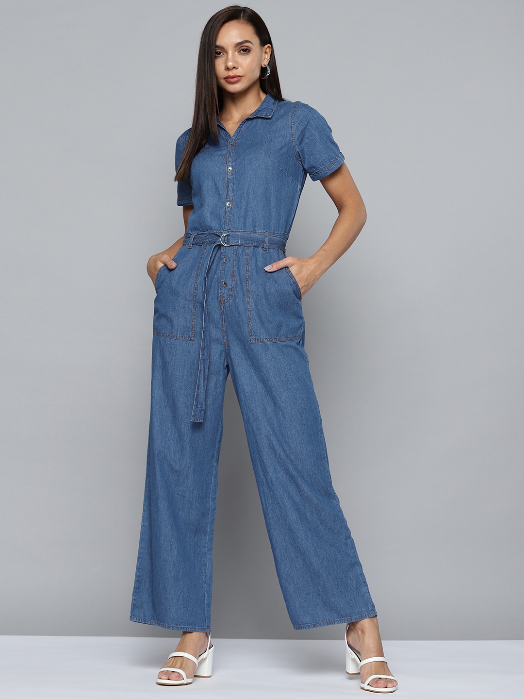 

Chemistry Blue Solid Cotton Chambray Basic Jumpsuit With Belt