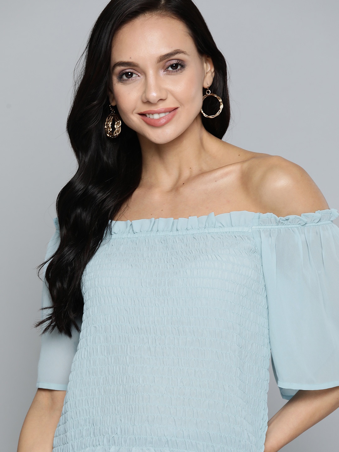 

HERE&NOW Blue Solid Off-Shoulder Smocked Bardot Top