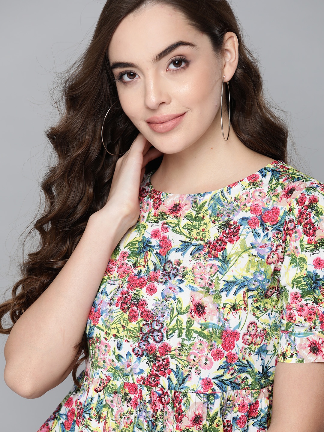 

HERE&NOW Off White & Pink Floral Printed A-Line Top