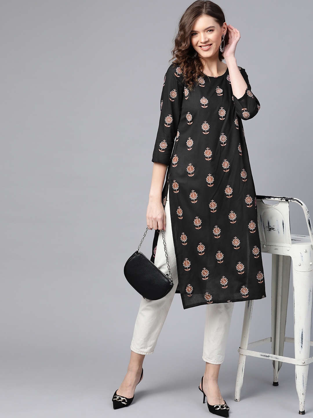 

HERE&NOW Women Black Ethnic Motif Printed Straight Kurta