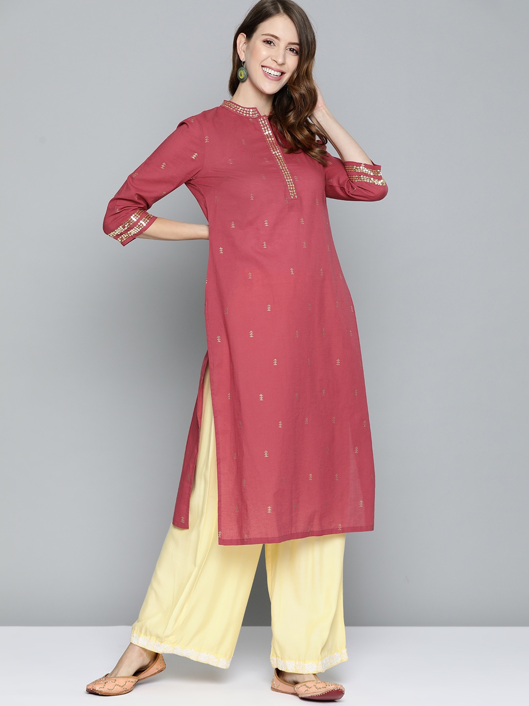 

HERE&NOW Women Magenta Ethnic Motifs Printed Pure Cotton Straight Kurta