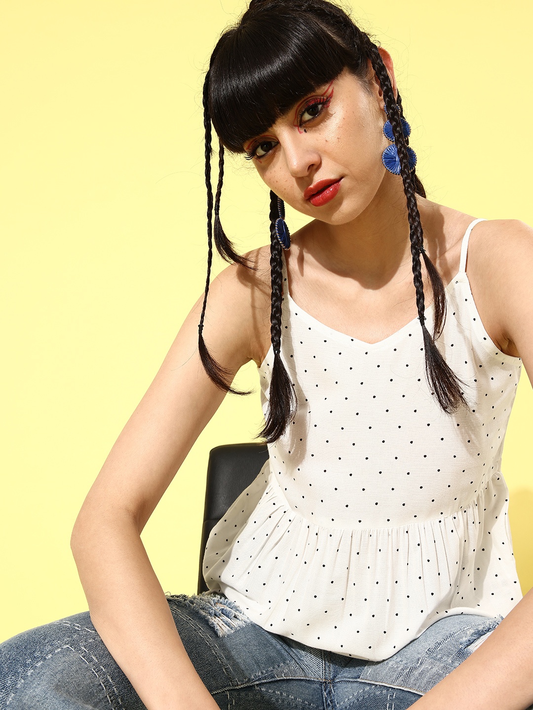 

HERE&NOW White & Black Polka Dots Print A-Line Top