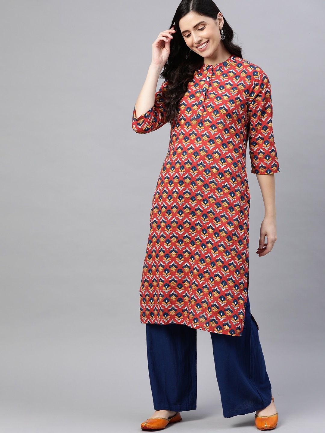 

HERE&NOW Women Maroon & Blue Pure Cotton Ethnic Motifs Printed Kurta