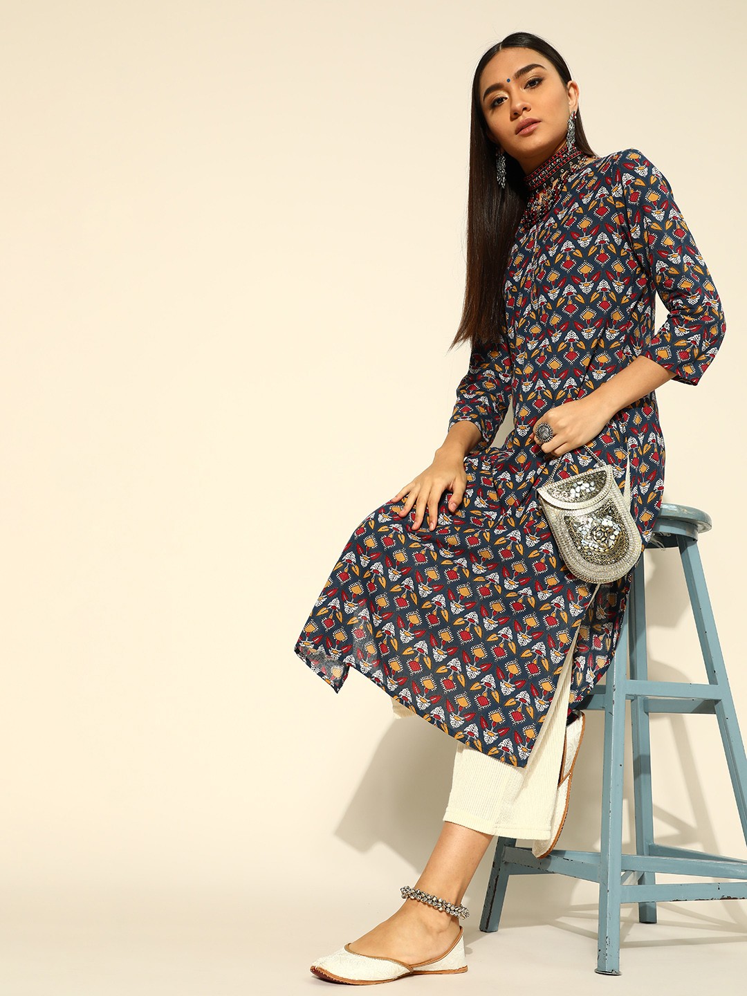 

HERE&NOW Women Navy Blue & Maroon Pure Cotton Printed Kurta