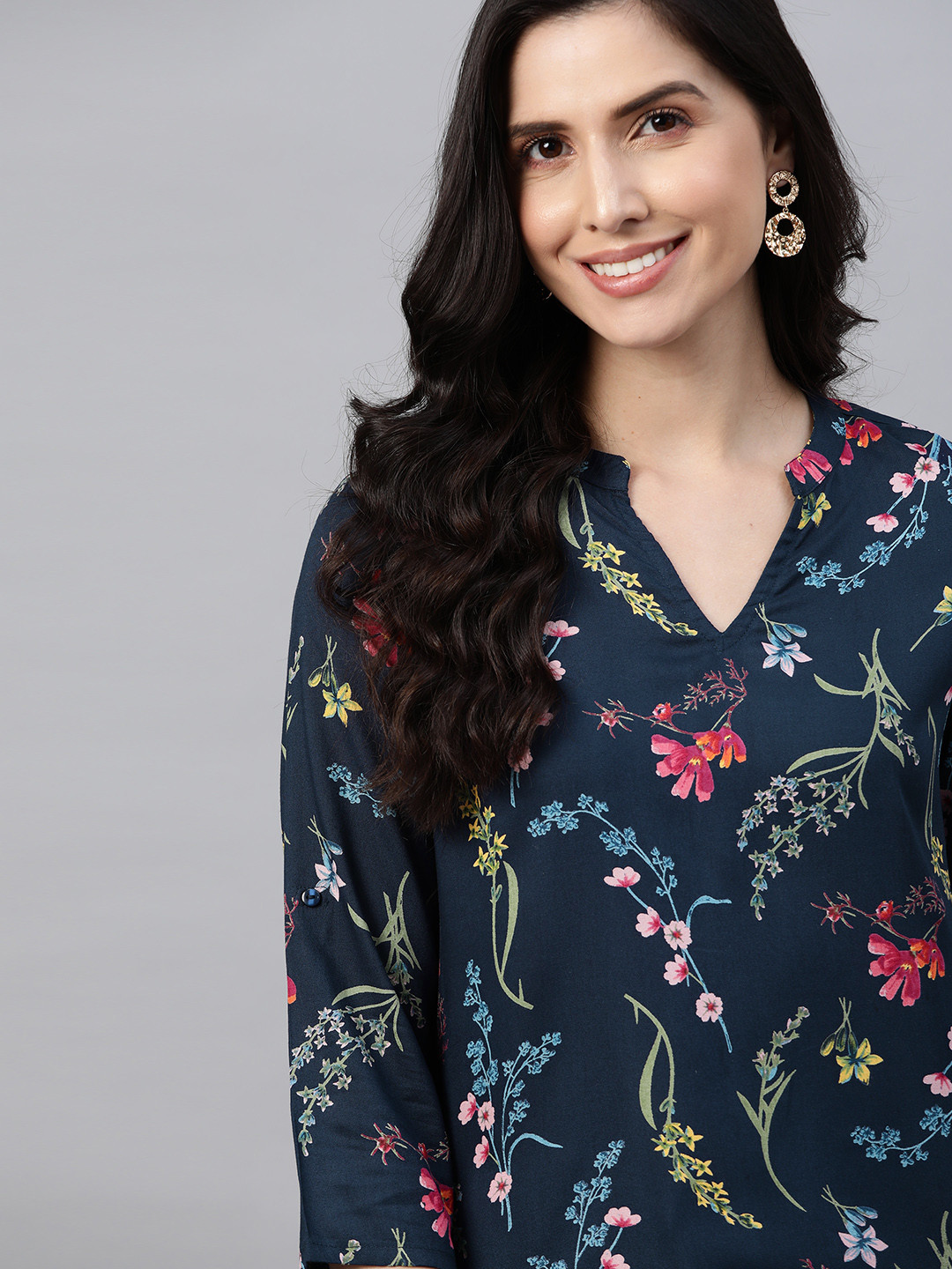

HERE&NOW Navy Blue & Pink Floral Print Mandarin Collar Top
