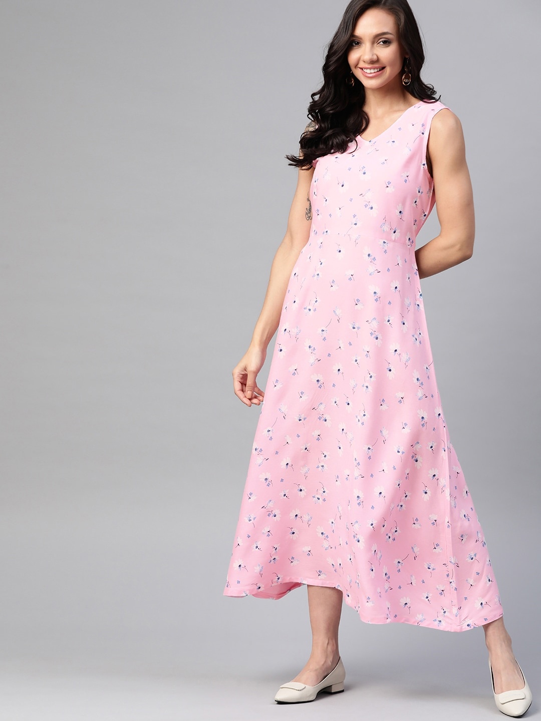 

HERE&NOW Pink & Blue Floral Print Asymmetric Maxi Dress