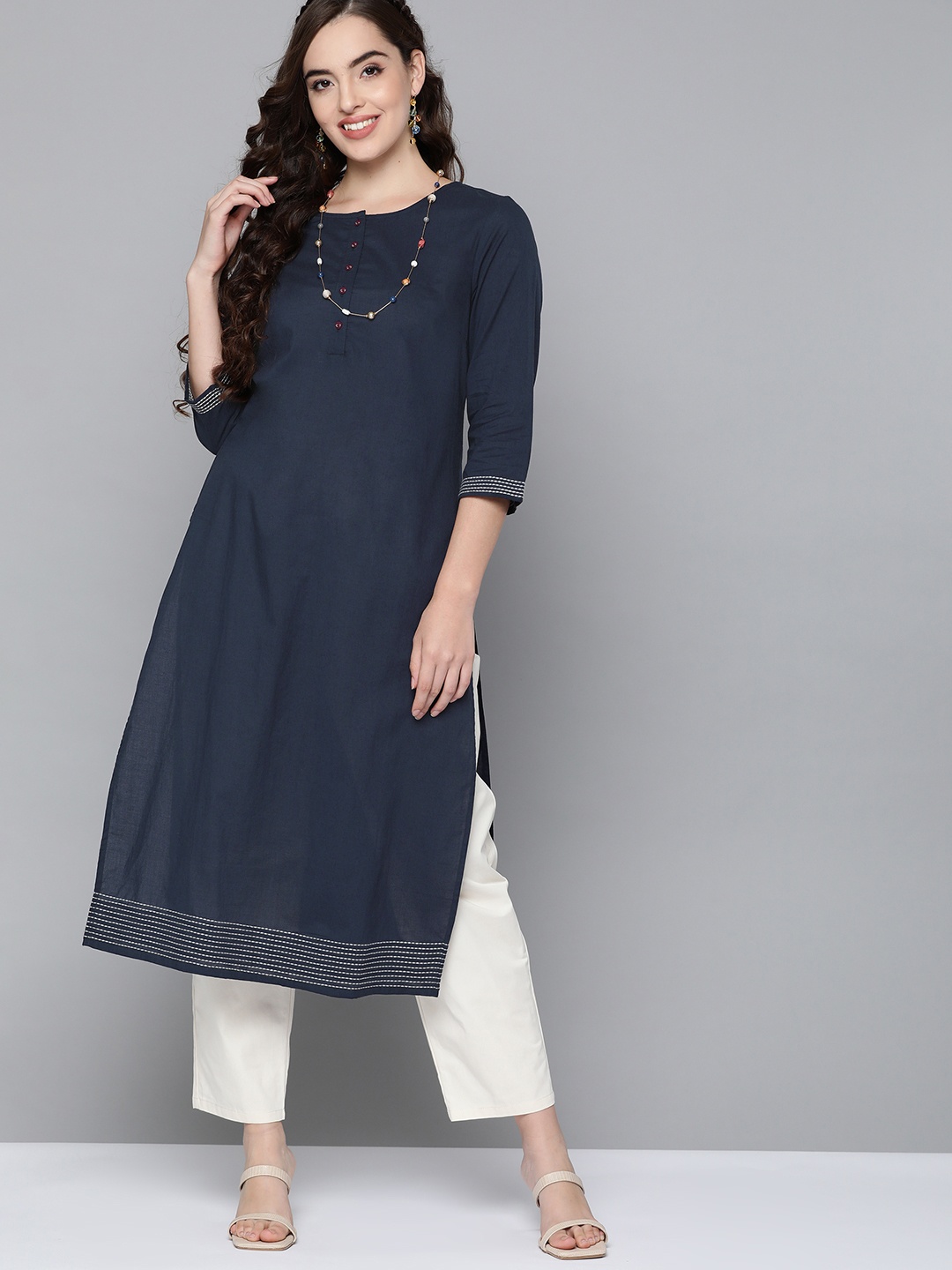 

HERE&NOW Women Navy Blue Pure Cotton Solid Indigo Kurta