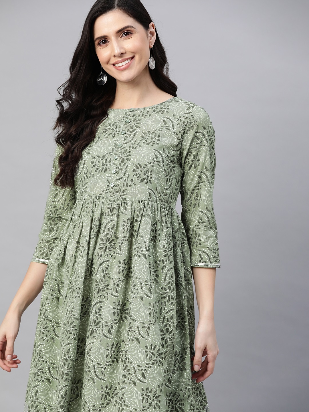 

HERE&NOW Women Green Pure Cotton Ethnic Motifs Print A-Line Kurta