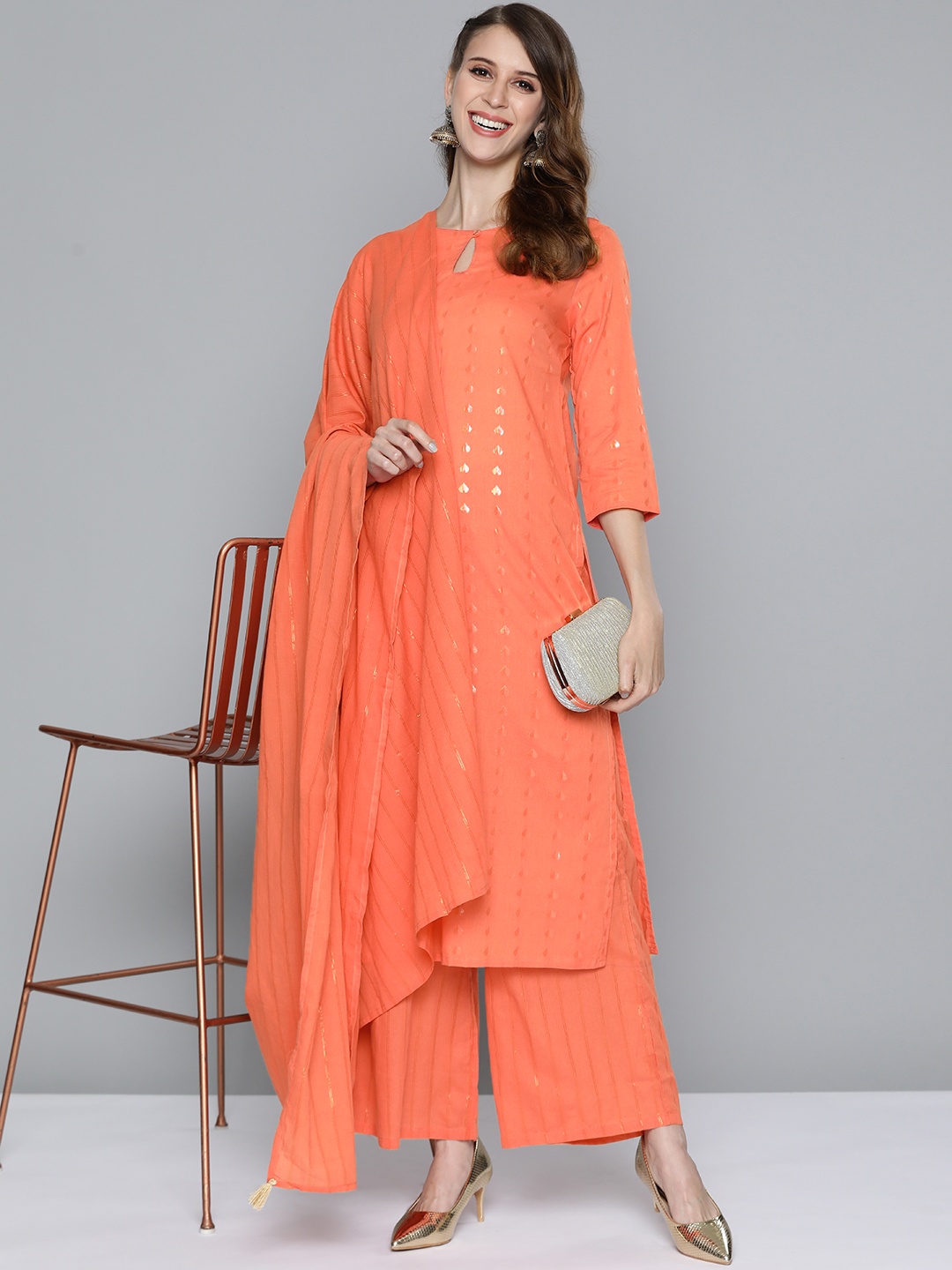 

HERE&NOW Women Coral Orange Pure Cotton Kurta with Palazzos & With Dupatta