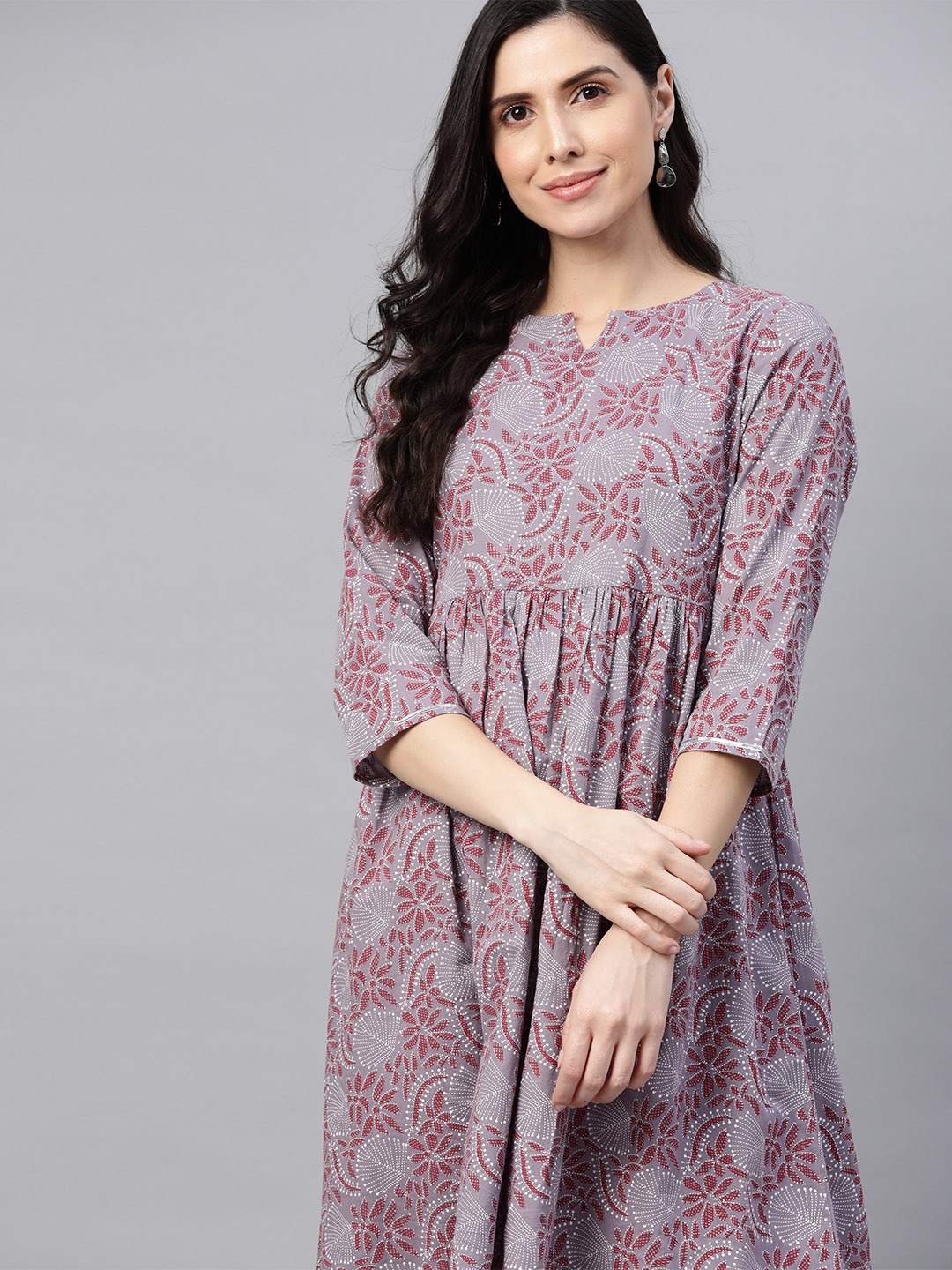 

HERE&NOW Women Mauve & Maroon Pure Cotton Ethnic Motifs Print A-Line Kurta