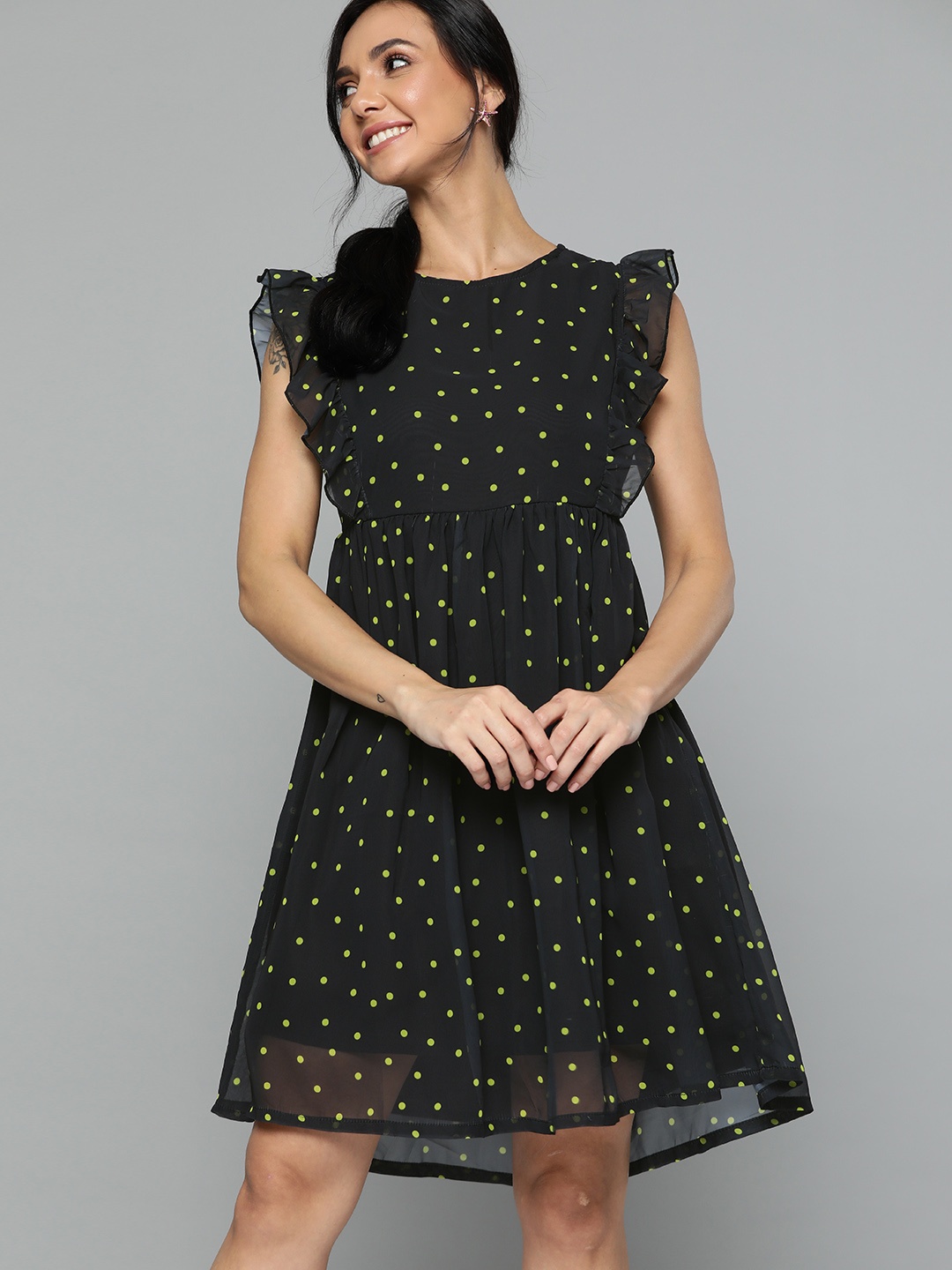 

HERE&NOW Black & Green Polka Dots Print A-Line Dress