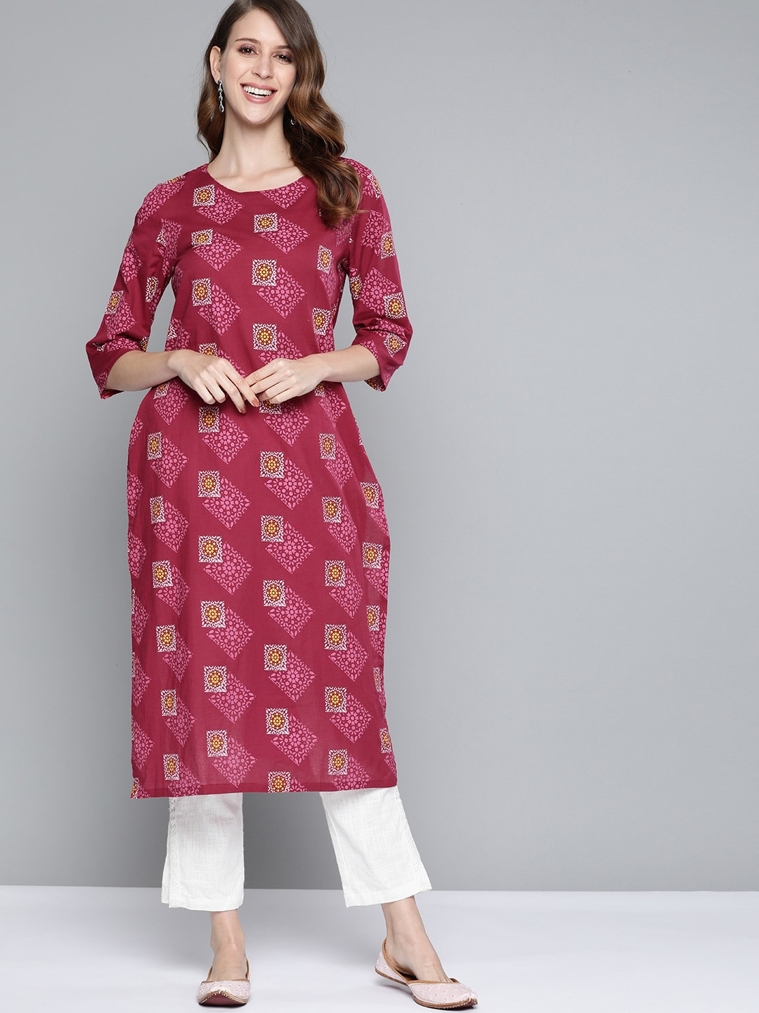 

HERE&NOW Women Pink Ethnic Motifs Printed Pure Cotton Kurta