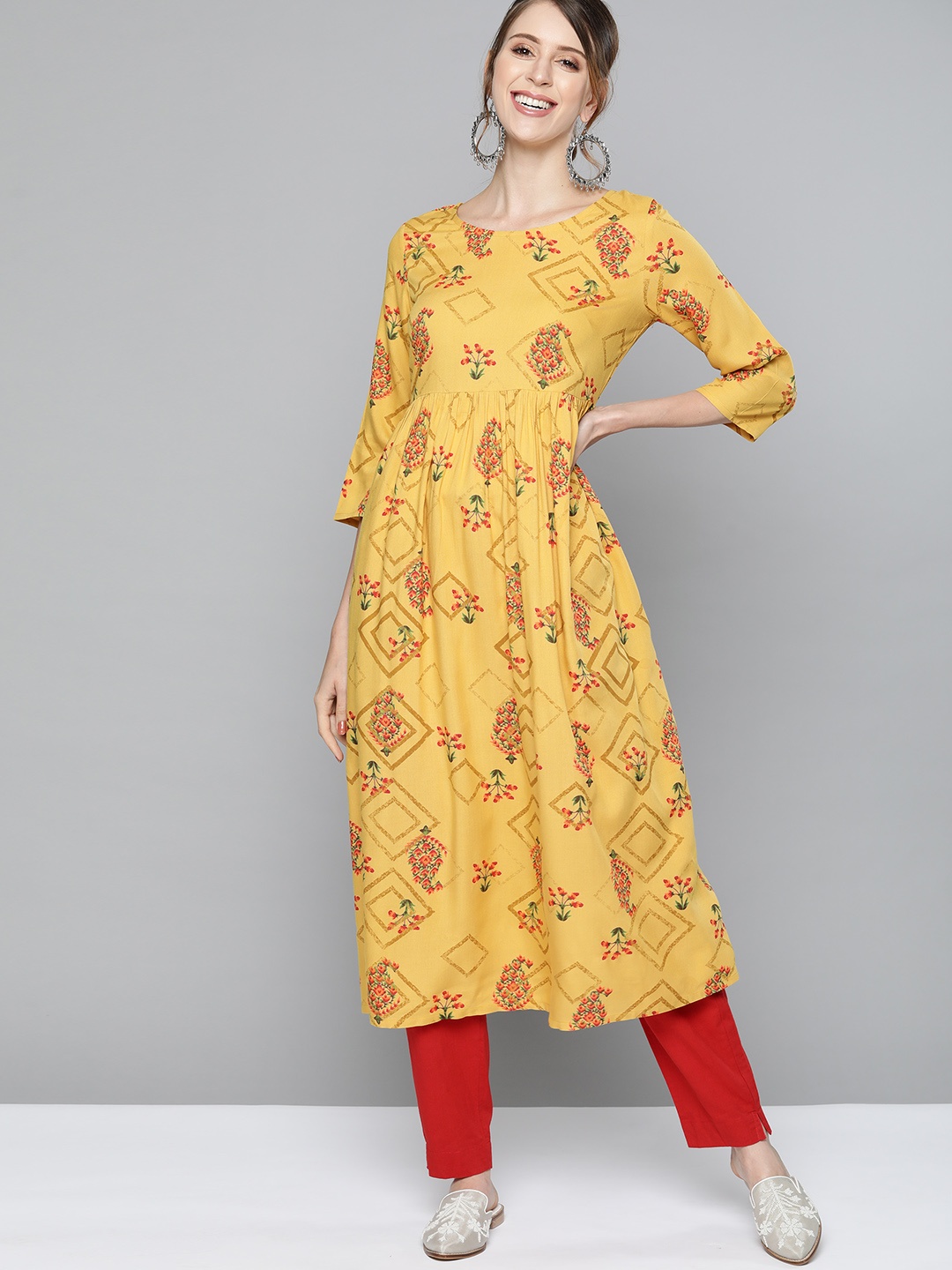 

HERE&NOW Women Mustard Yellow & Maroon Floral Printed Anarkali Kurta