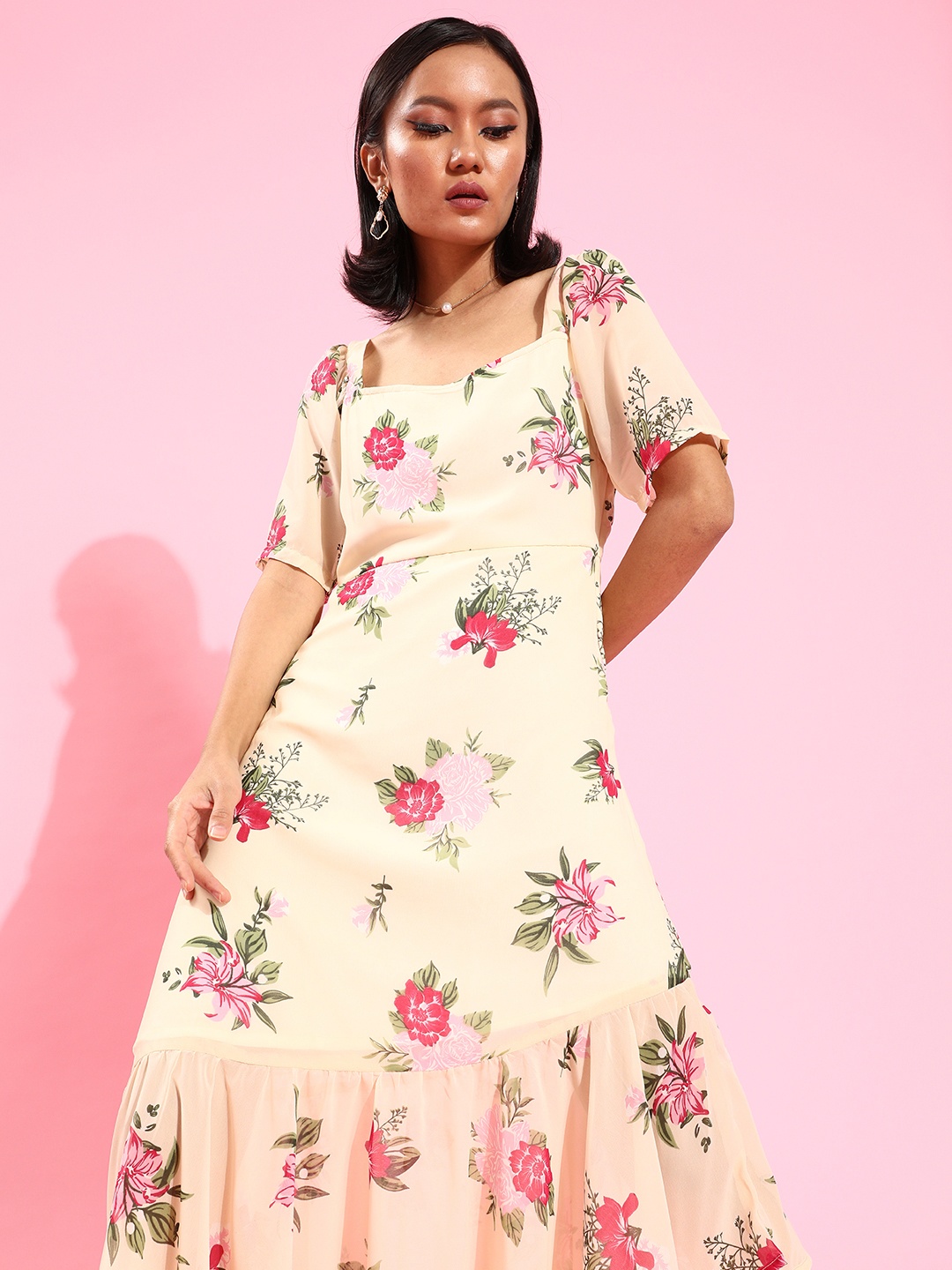 

HERE&NOW Women Attractive Peach Floral Asymmetric Dress