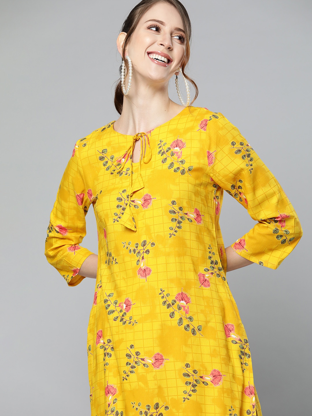 

HERE&NOW Women Mustard Yellow & Pink Floral Printed Kurta