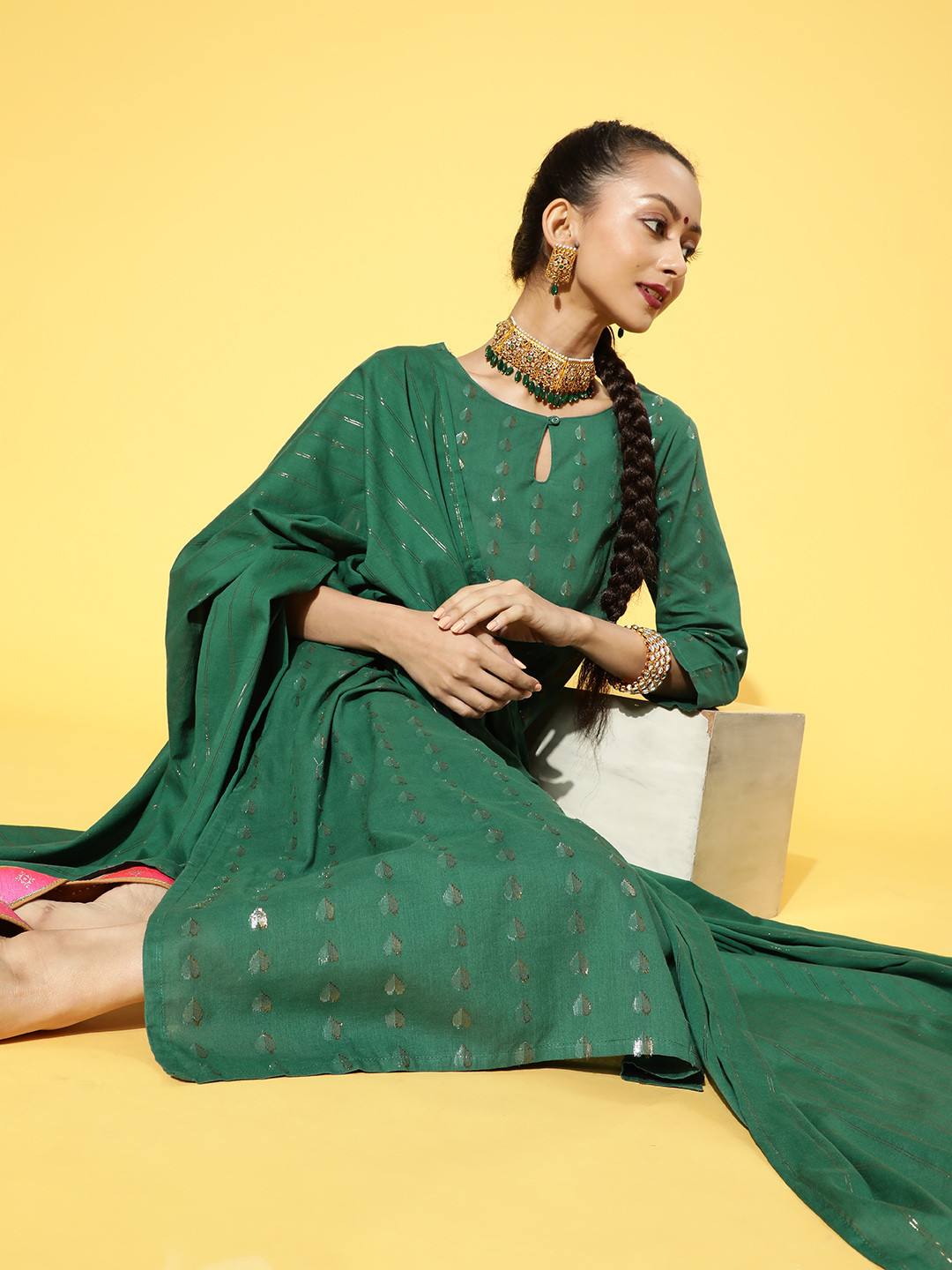 

HERE&NOW Women Green Pure Cotton Kurta with Palazzos & With Dupatta