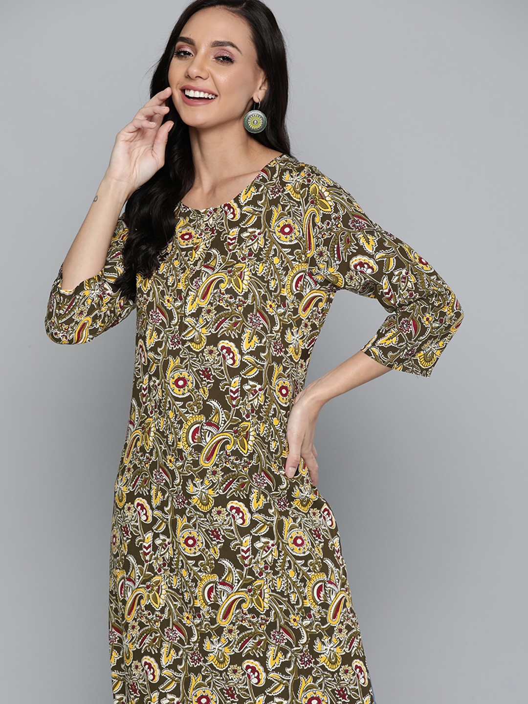 

HERE&NOW Women Olive Green & Yellow Ethnic Motifs Printed Kurta