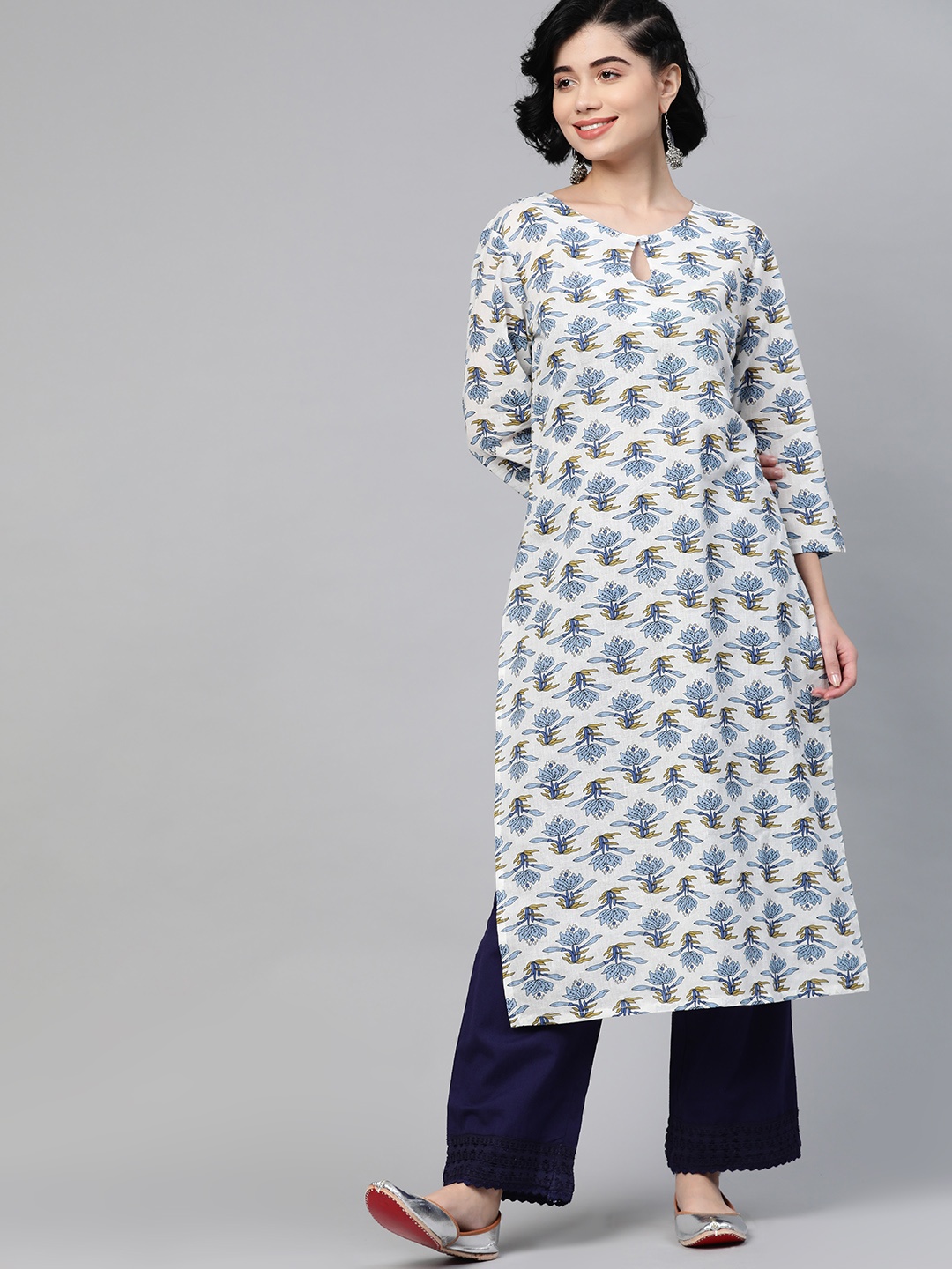 

HERE&NOW Women White & Blue Pure Cotton Ethnic Motifs Keyhole Neck Kurta