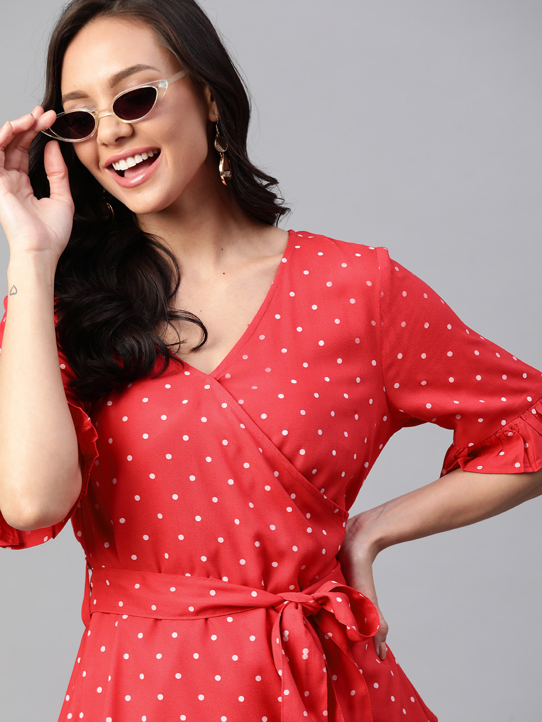 

HERE&NOW Red & White Polka Dots Print Layered Wrap Top