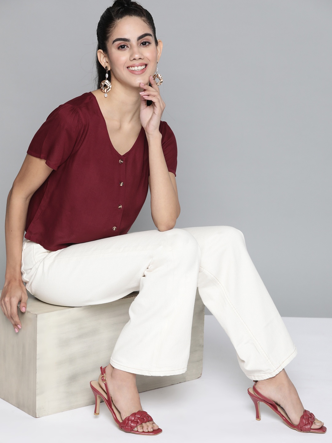 

HERE&NOW Maroon Solid Shirt Style Top