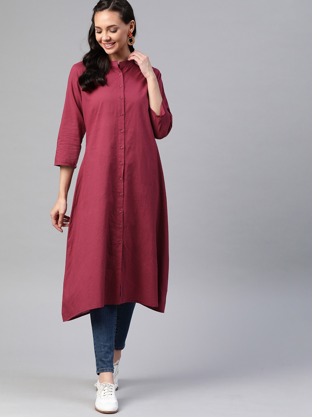 

HERE&NOW Women Maroon Solid Pure Cotton A-Line Kurta