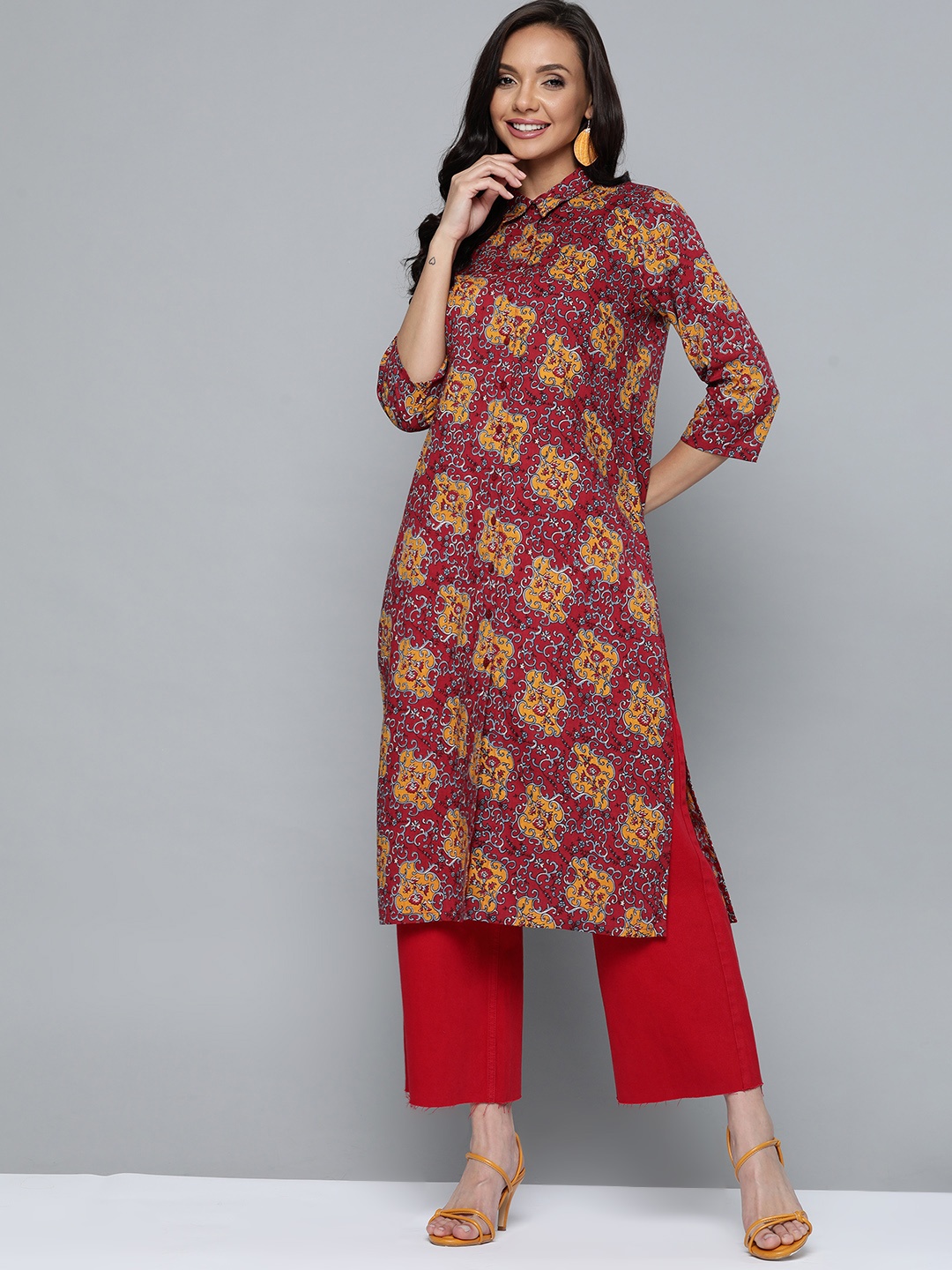 

HERE&NOW Women Maroon & Mustard Yellow Ethnic Motifs Printed Pure Cotton Kurta