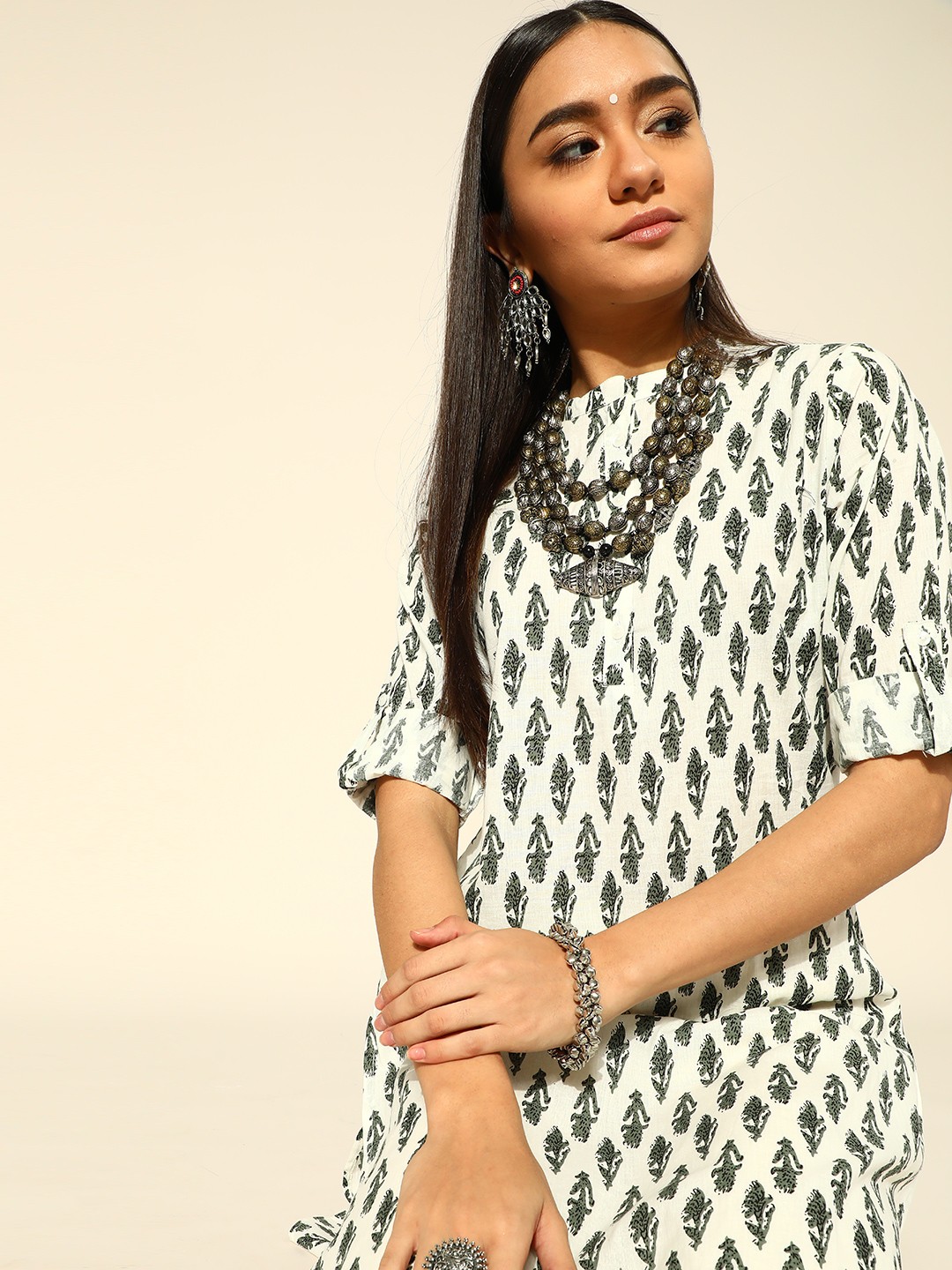 

HERE&NOW Women White & Charcoal Grey Pure Cotton Ethnic Motifs Print Kurta