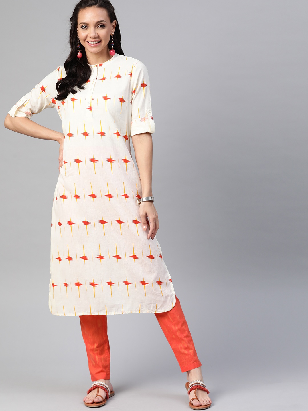 

HERE&NOW Women Off White & Rust Orange Geometric Printed Pure Cotton Straight Kurta