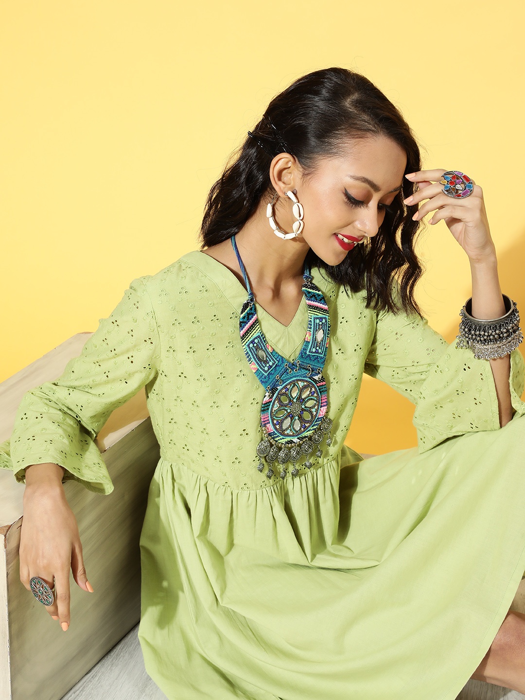 

HERE&NOW Women Gorgeous Green Solid Schiffli Dress