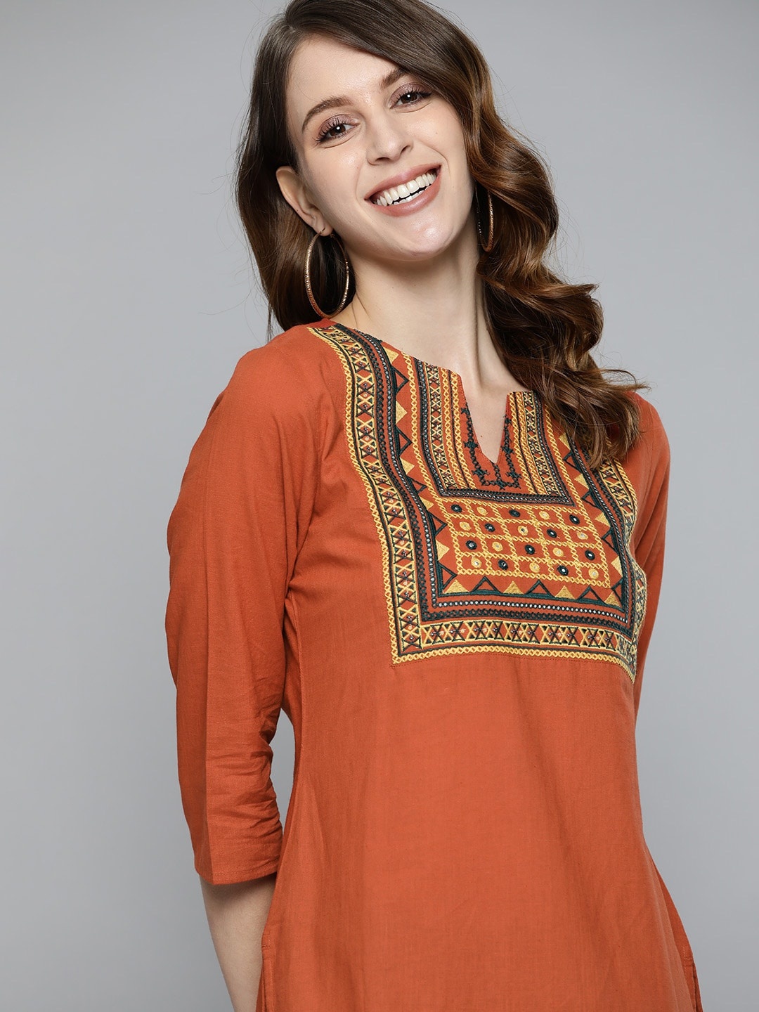 

HERE&NOW Cotton Yoke Design Mirror Work Straight Kurta, Rust