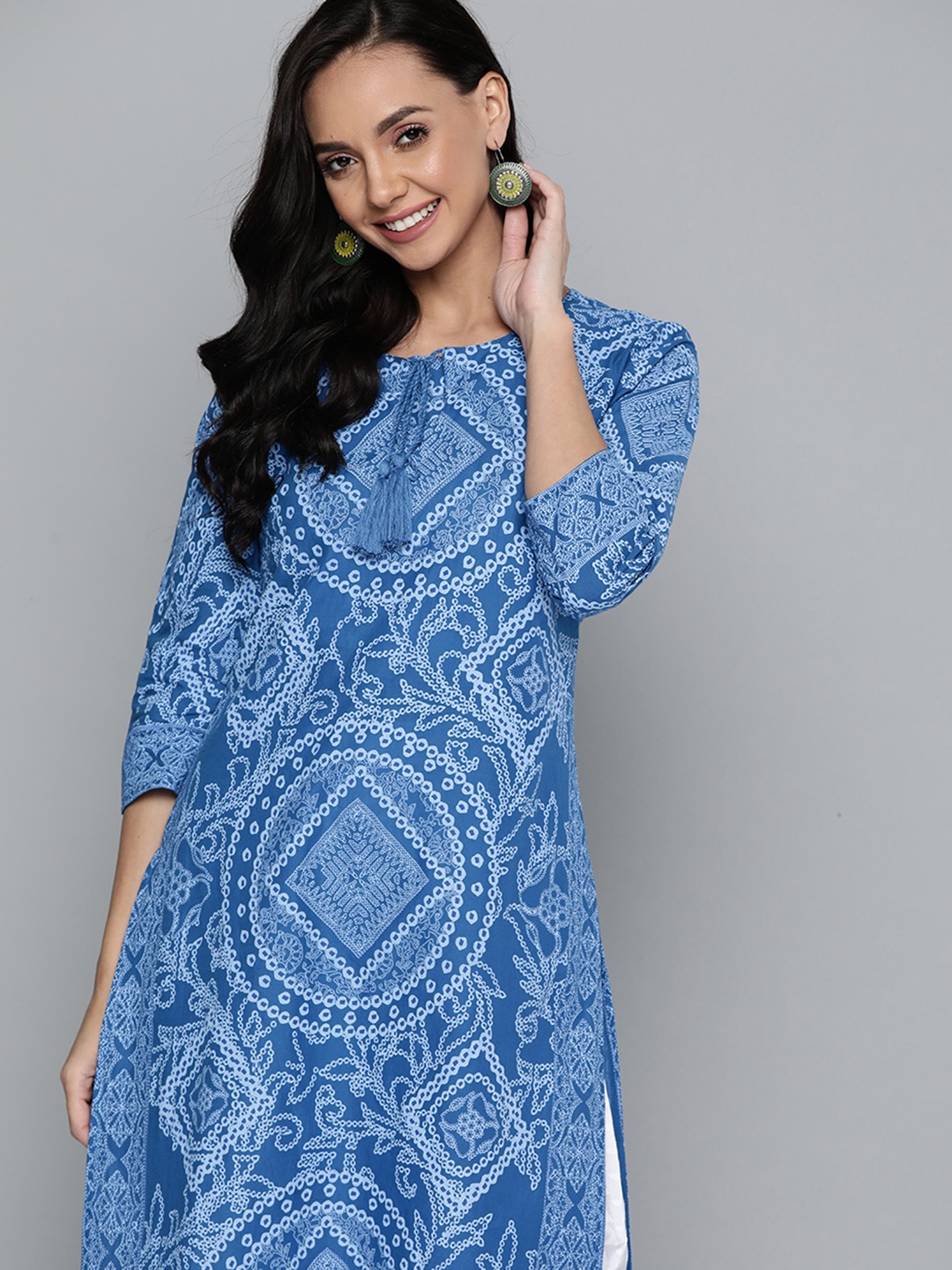 

HERE&NOW Women Blue & White Ethnic Motifs Cotton Printed Kurta