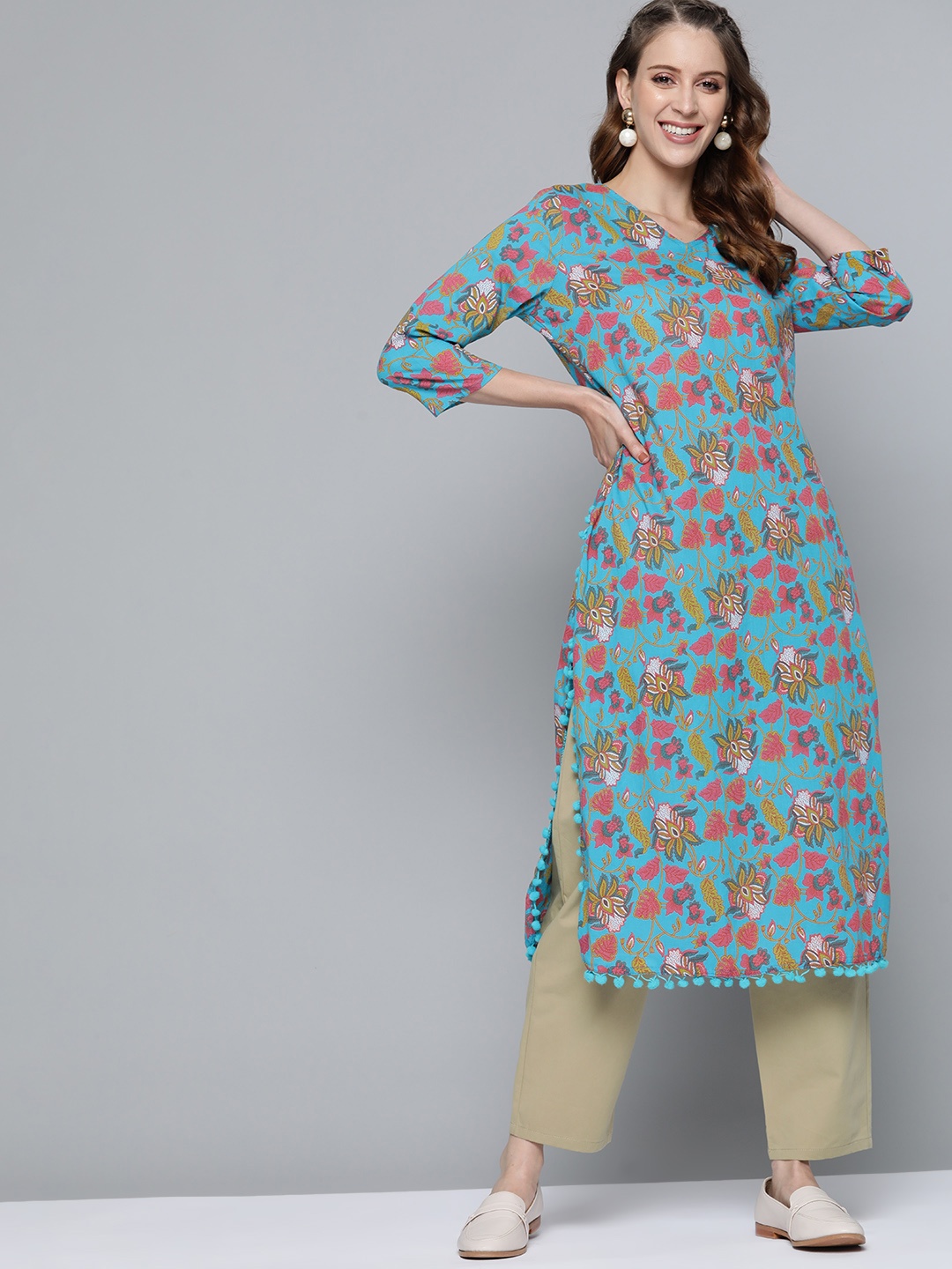 

HERE&NOW Women Blue & Pink Ethnic Motifs Printed Pure Cotton Kurta