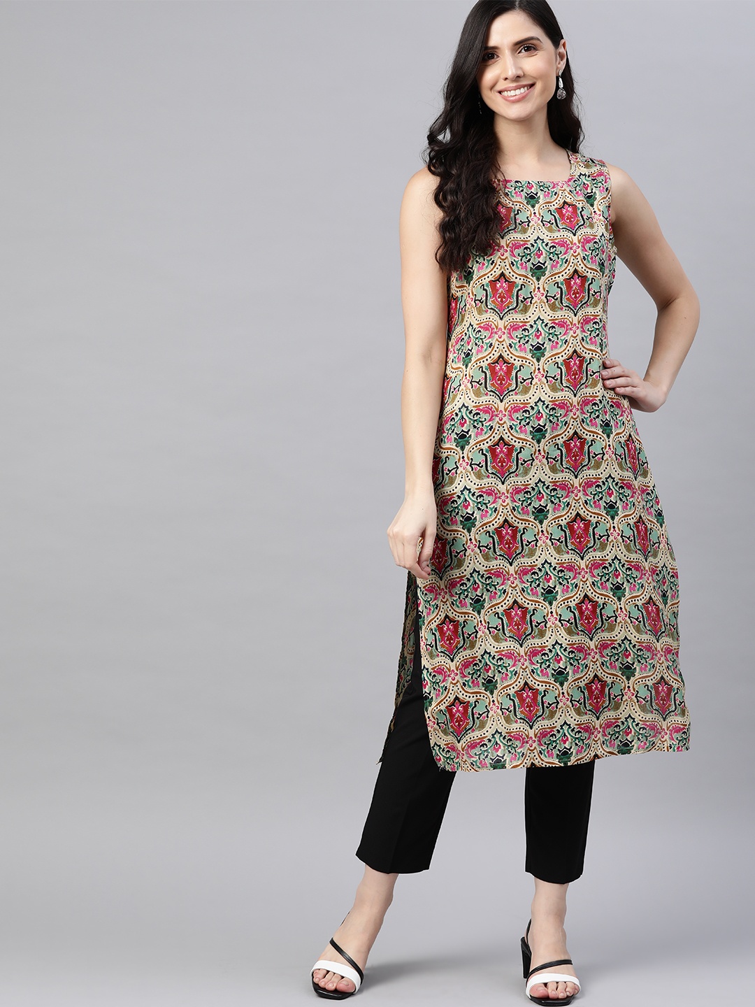 

HERE&NOW Women Green & Pink Ethnic Motifs Printed Straight Kurta