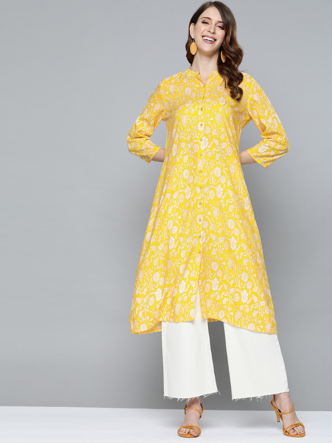 

HERE&NOW Women Yellow & Off White Ethnic Motifs Front Slit Printed Kurta