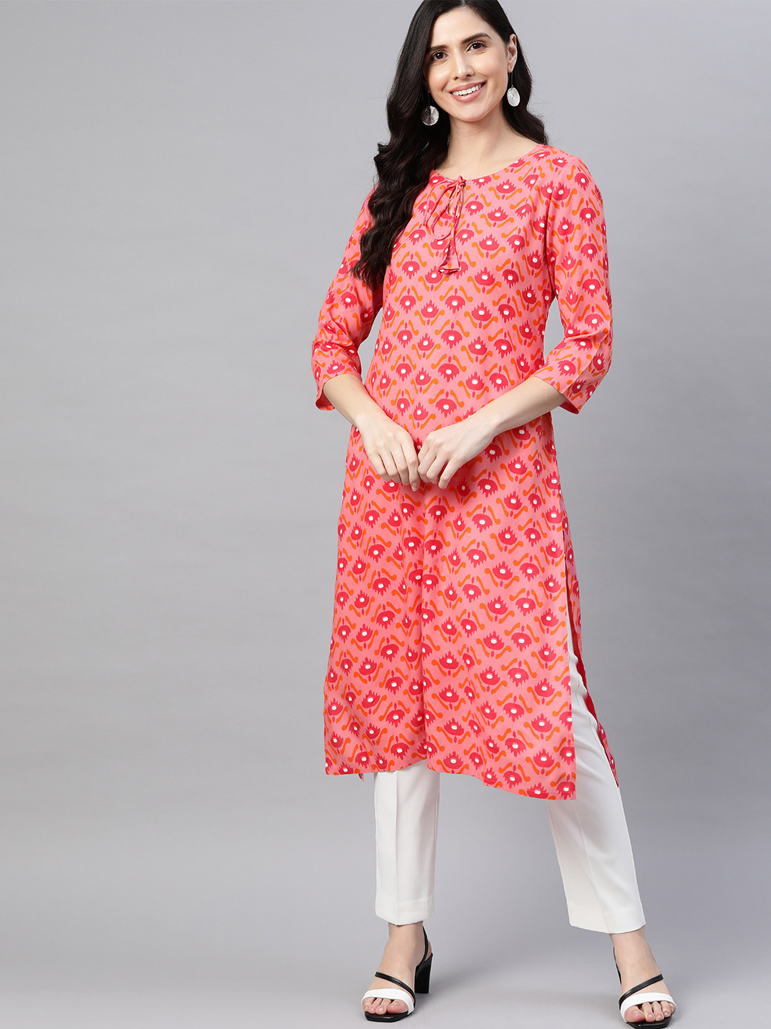 

HERE&NOW Women Coral Pink & Orange Ethnic Motifs Printed Kurta