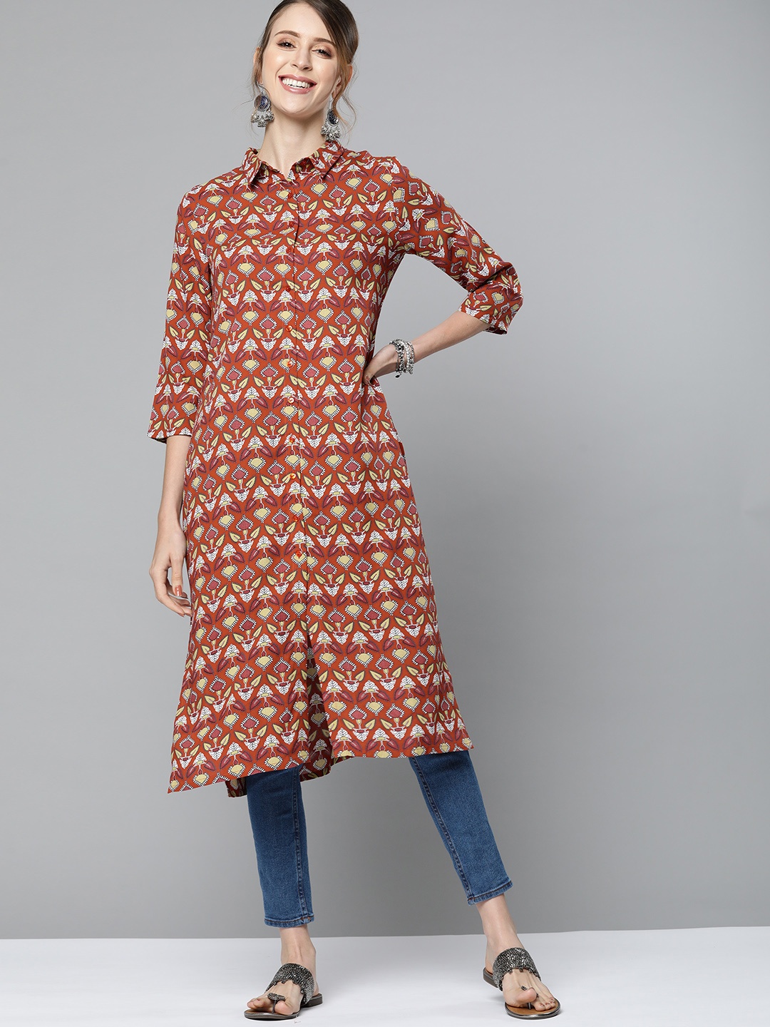 

HERE&NOW Women Rust Brown & White Ethnic Motifs Printed Kurta