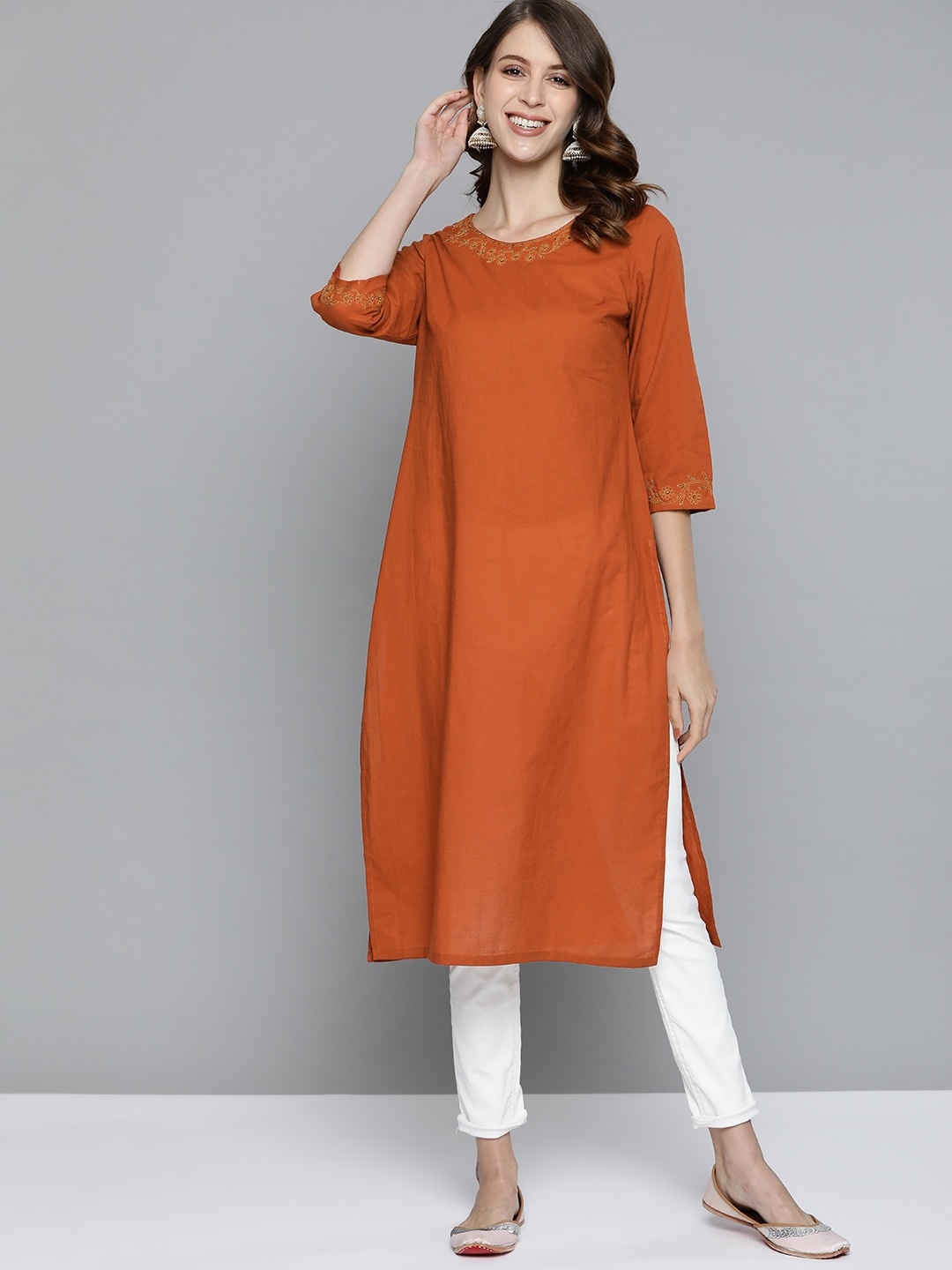 

HERE&NOW Women Rust Orange Cotton Solid Straight Kurta