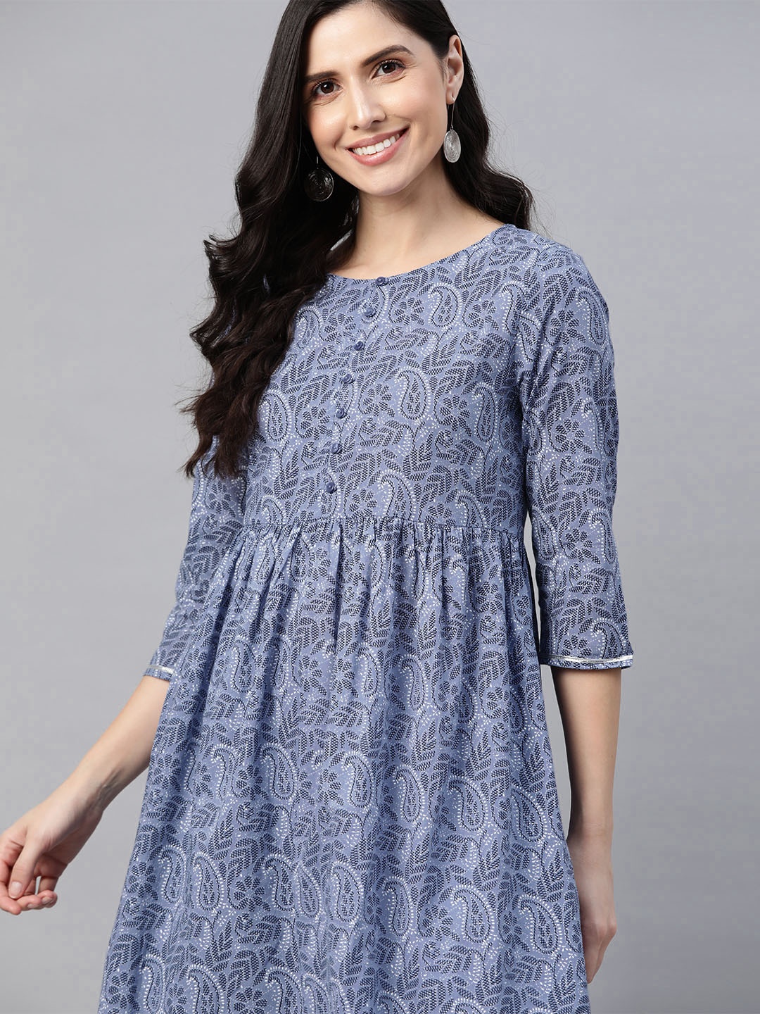 

HERE&NOW Women Blue Pure Cotton Ethnic Motifs Print A-Line Kurta