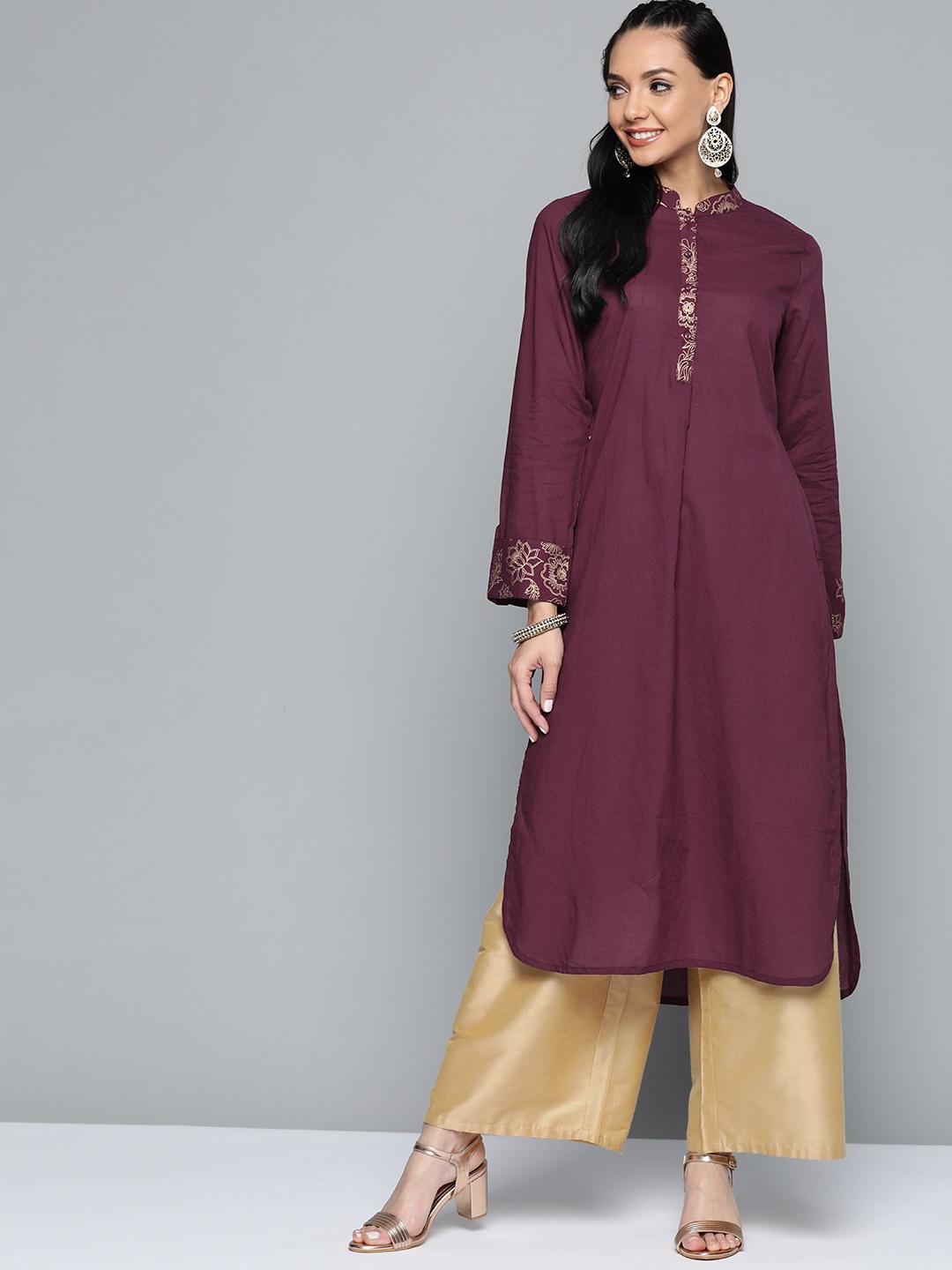 

HERE&NOW Women Purple Solid Pure Cotton A-Line Kurta