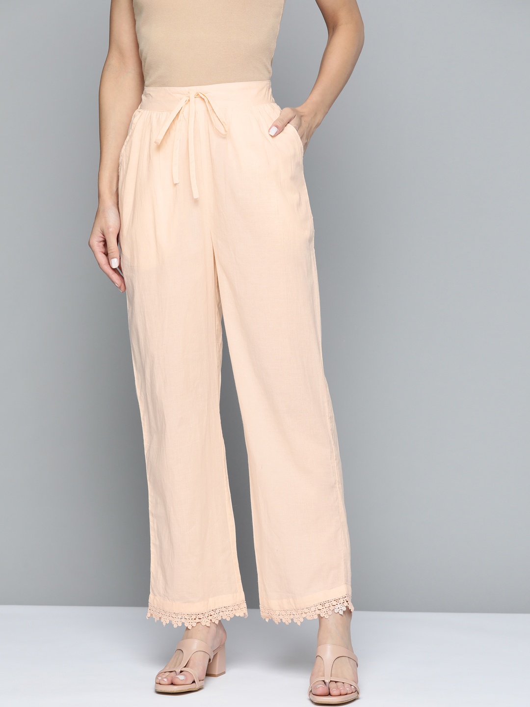 

HERE&NOW Women Peach-Coloured Solid Straight Cotton Palazzos with Lace Detail