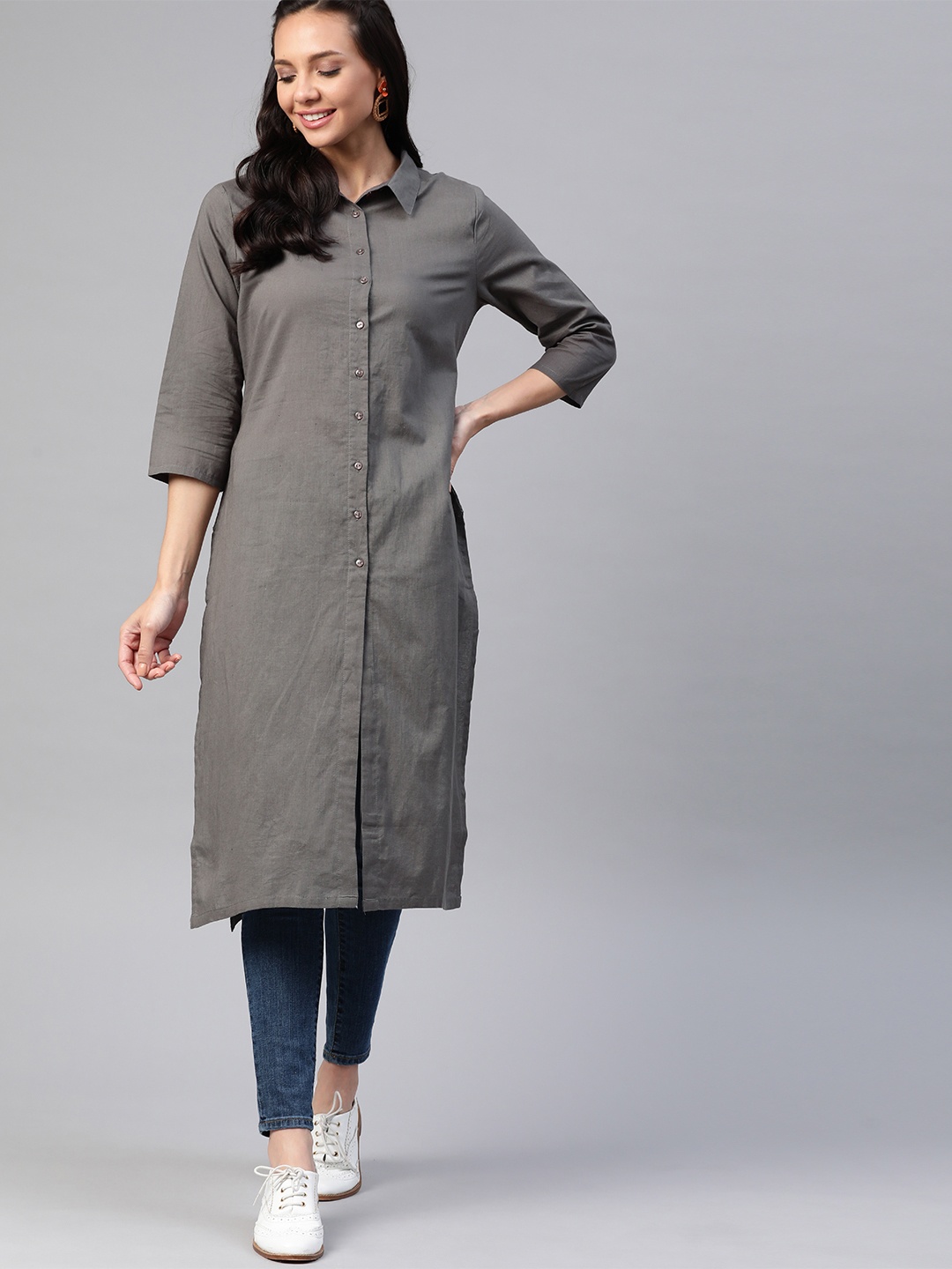 

HERE&NOW Women Grey Pure Cotton Solid Straight Kurta
