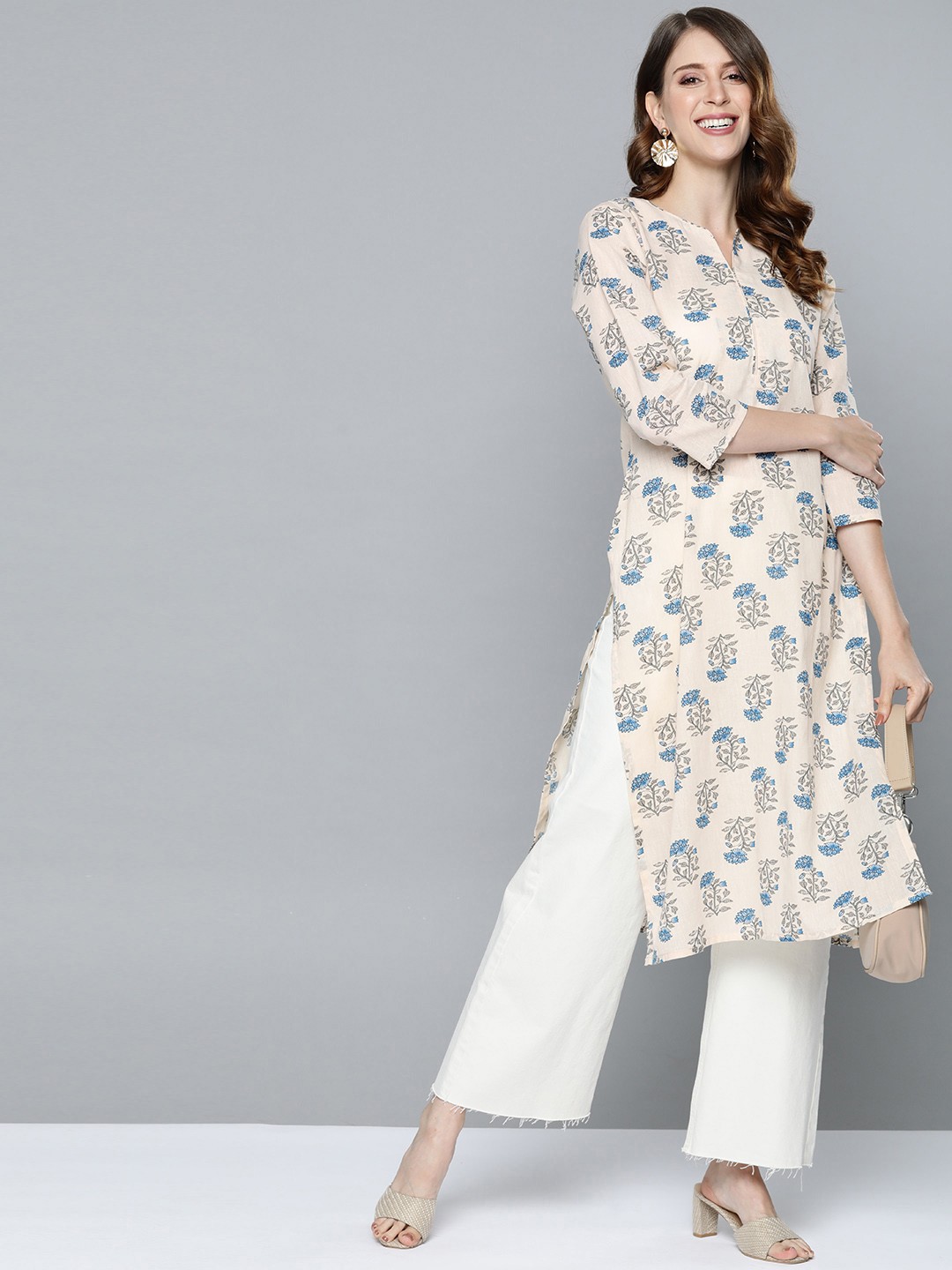 

HERE&NOW Women Off White & Black Ethnic Motifs Printed Pure Cotton Kurta