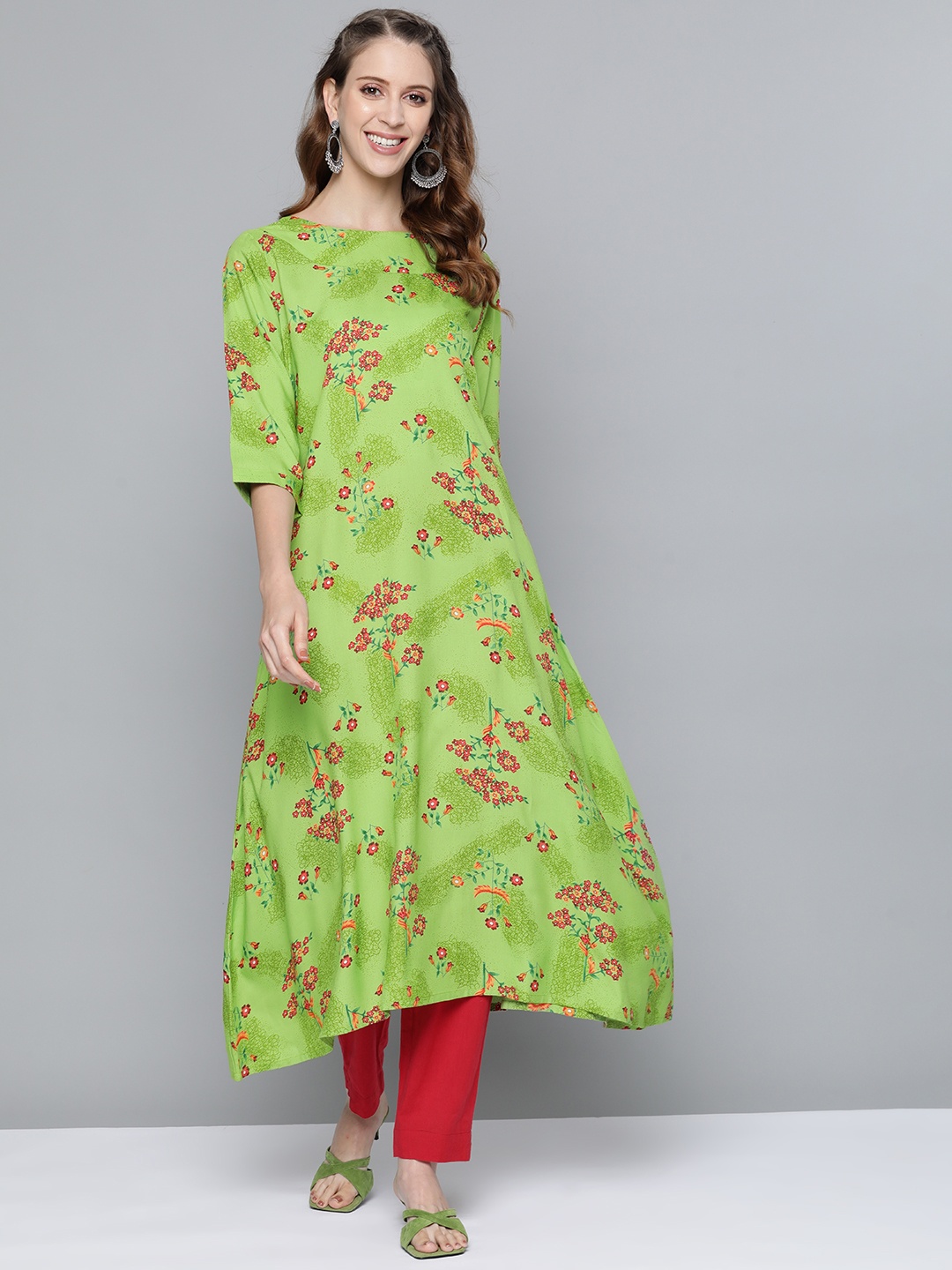 

HERE&NOW Women Green & Coral Red Ethnic Motifs Print A-line Kurta