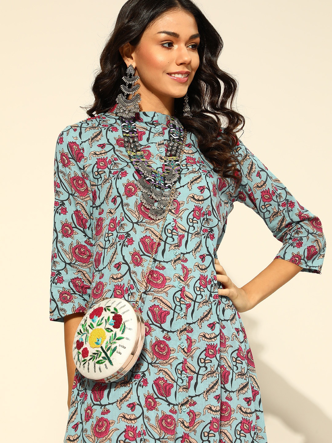 

HERE&NOW Women Blue & Red Pure Cotton Ethnic Motifs Print A-line Kurta