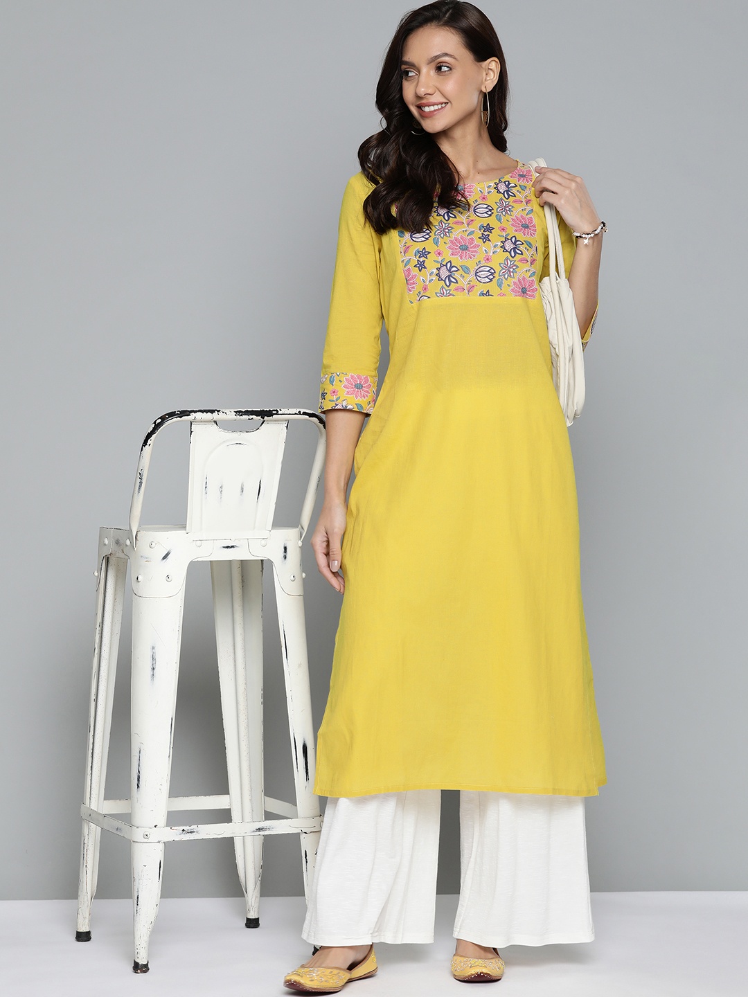 

HERE&NOW Women Mustard Yellow & Pink Pure Cotton Ethnic Motifs Yoke Design Kurta