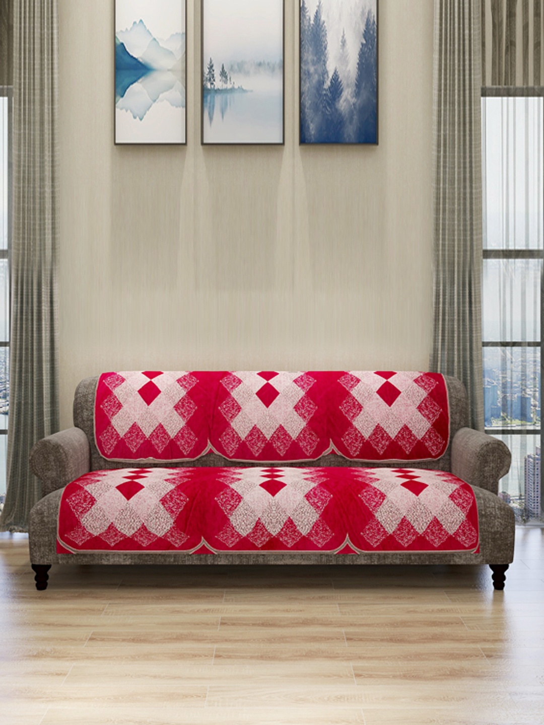 

ROMEE Set Of 6 Cream-Coloured & Maroon Checked 5-Seater Sofa Covers