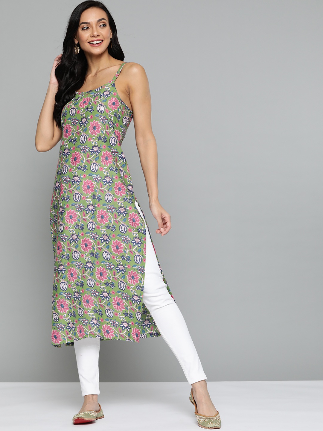 

HERE&NOW Women Green & Pink Pure Cotton Floral Print Sleeveless Kurta
