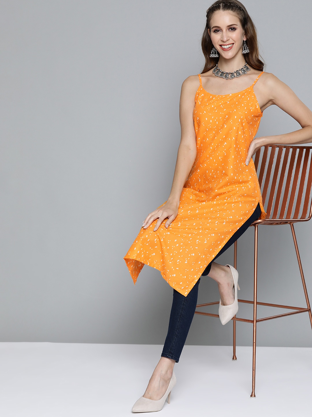 

HERE&NOW Women Orange & White Printed Pure Cotton Kurta