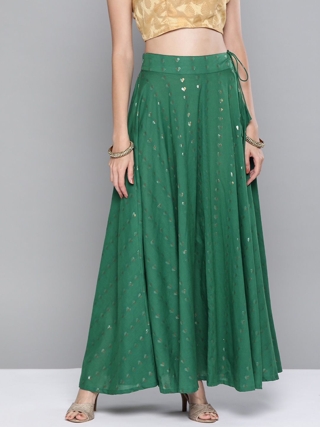 

HERE&NOW Green & Golden Pure Cotton Woven Design Maxi Skirt