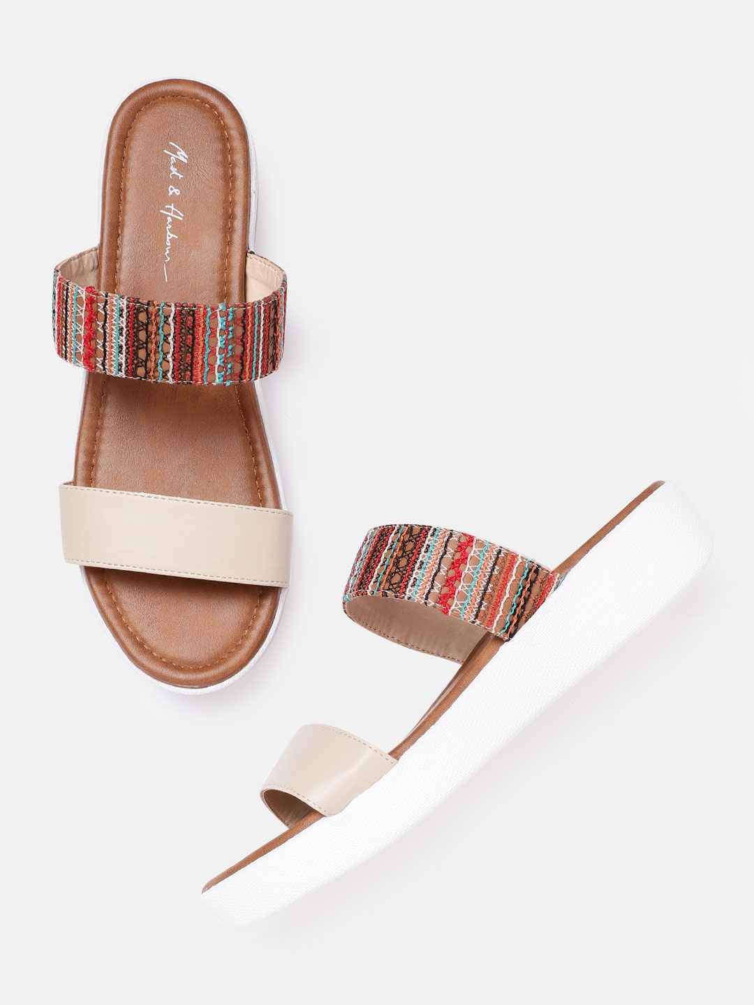

Mast & Harbour Women Beige & Rust Red Woven Design Open Toe Flats